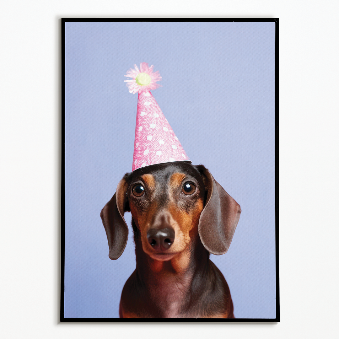 Dachshund with a pink party hat - Art Print