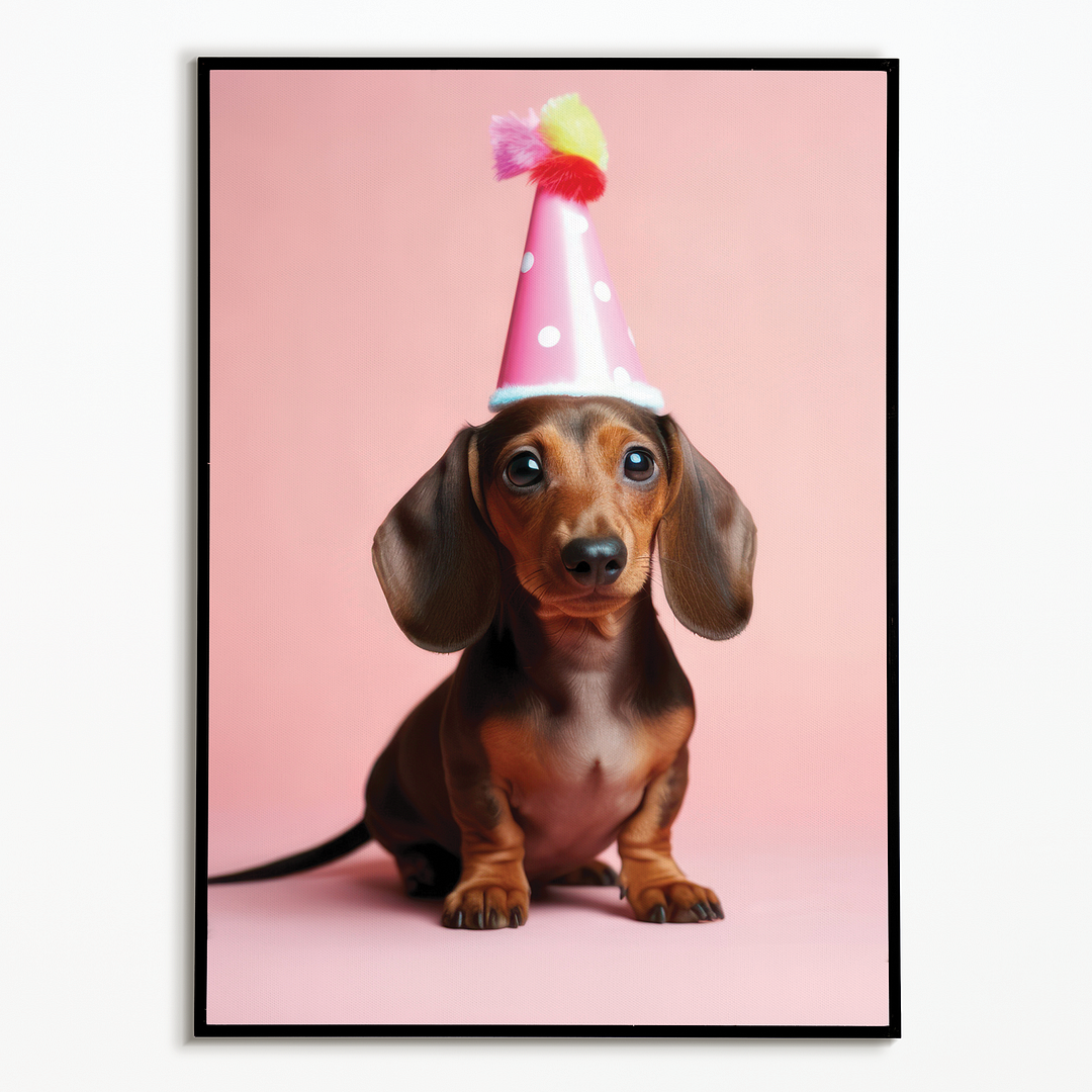 Dachshund puppy with a party hat - Art Print