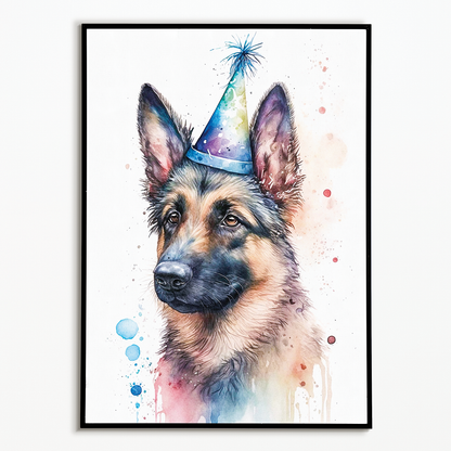 German shepherd wearing a party hat - Art Print