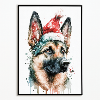 German shepherd wearing a christmas hat - Art Print