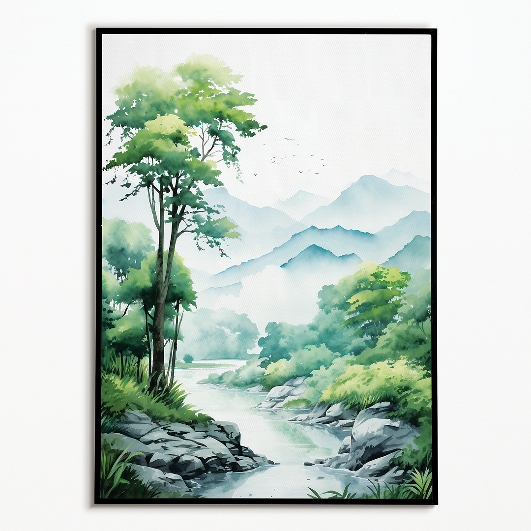 River, Trees, and Majestic Mountains - Art Print