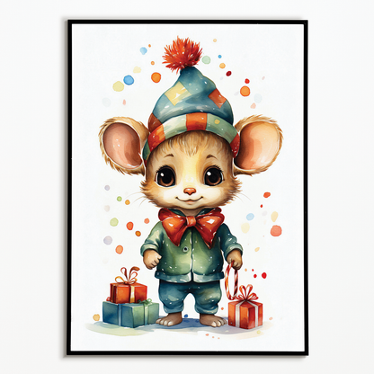 Little mouse with christmas gifts - Art Print