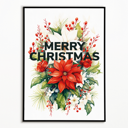 Merry Christmas Holly and Poinsettia - Art Print
