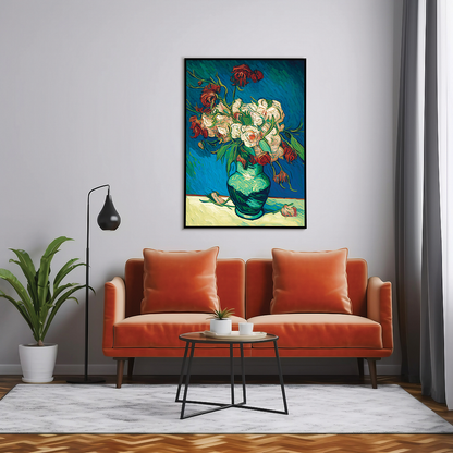 A vase of pink & red roses in Van Gogh style - Art Print