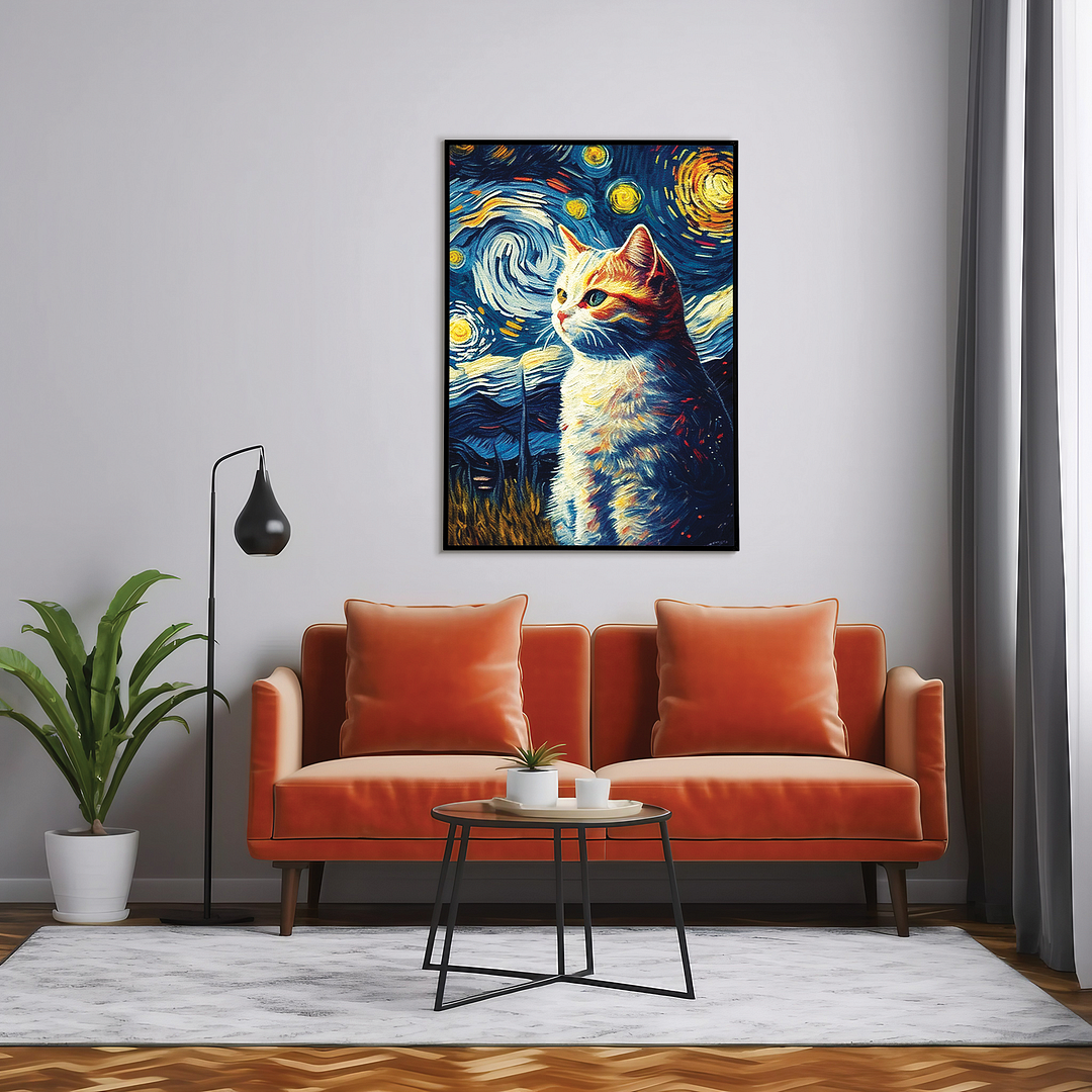 Cat in the Starry night in Van Gogh style - Art Print