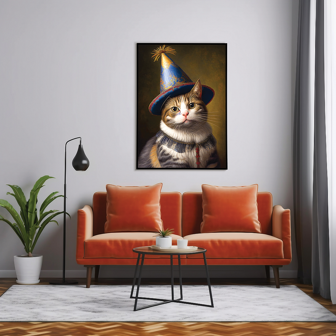 Renaissance portrait of a Cat with a blue party hat - Art Print