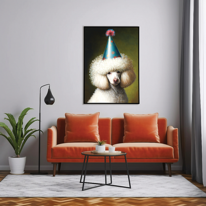 Renaissance painting of a White poodle with a party hat on - Art Print