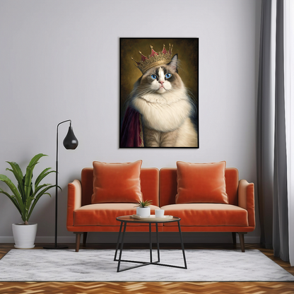 Renaissance painting of a Ragdoll Cat Breed with a queen crown on - Art Print