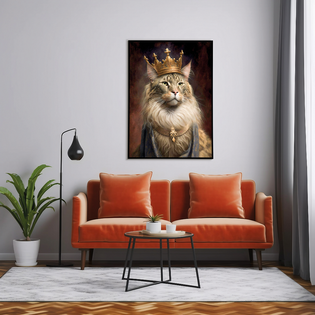 Renaissance painting of a Maine Coon with a king's crown  - Art Print