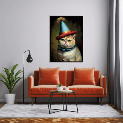 Renaissance painting of an Exotic Shorthair with a party hat on - Art Print