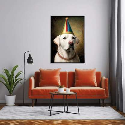 Renaissance painting of a white Labrador with a party hat - Art Print