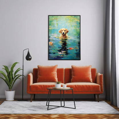Dog playing in water in Monet style - Art Print