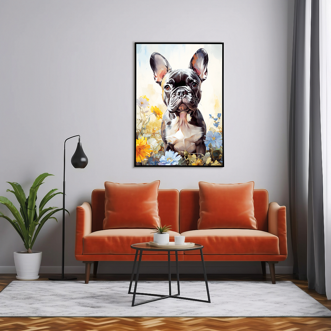 French bulldog surrounded by flowers  - Art Print