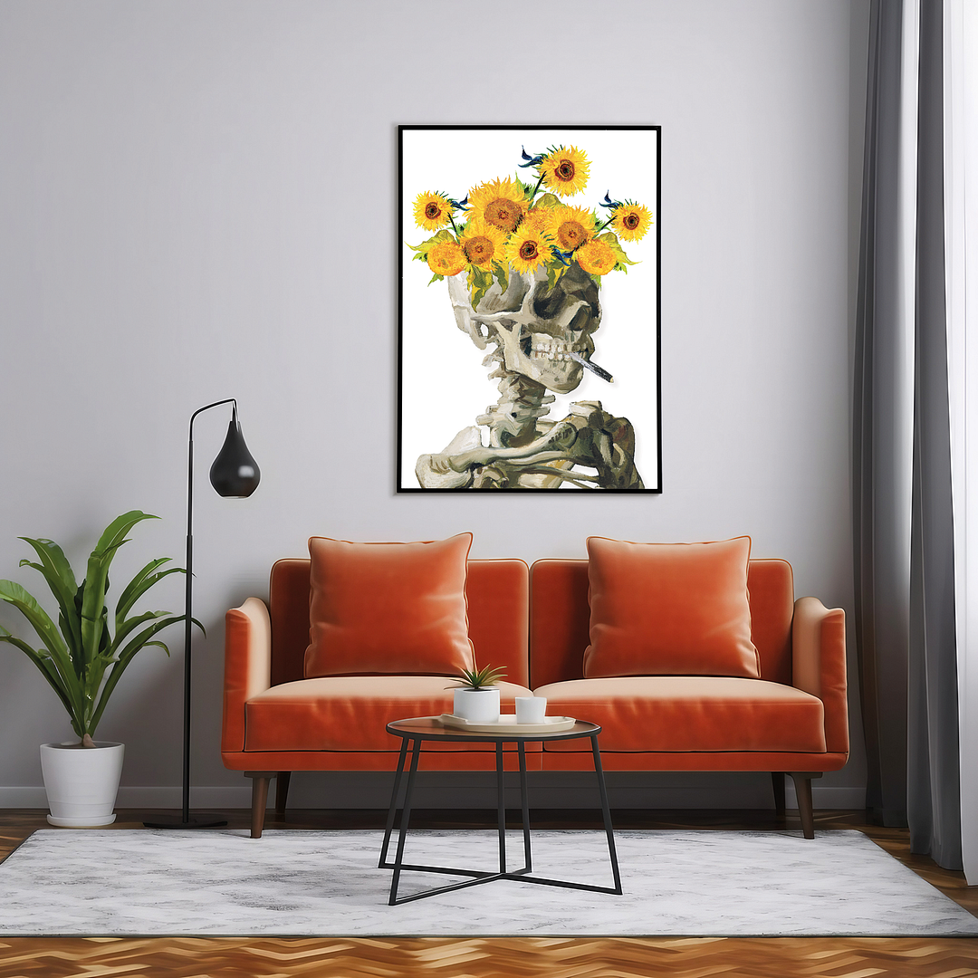 Head of a skeleton with sunflower crown - Art Print