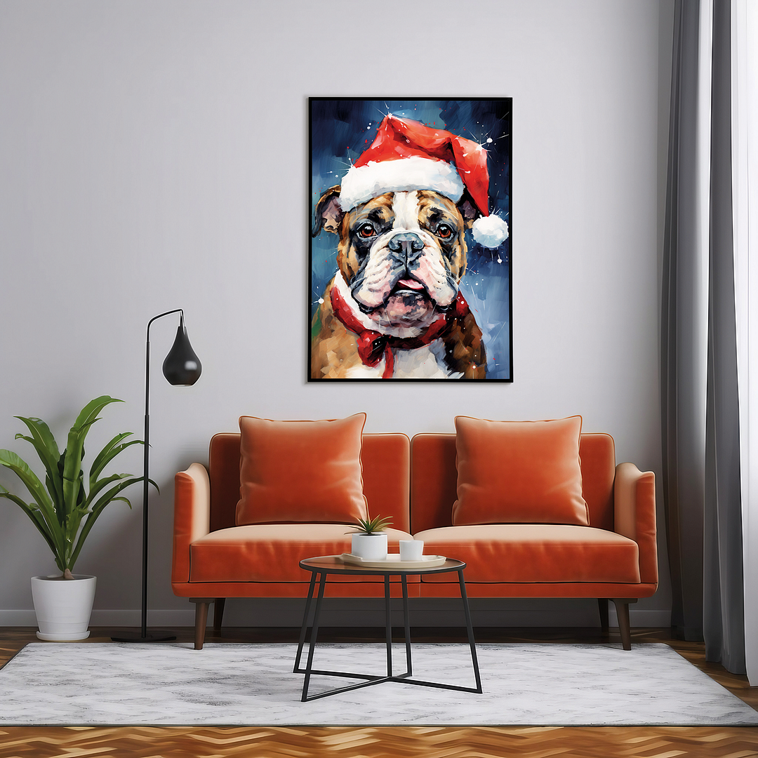 Painting of an english bulldog wearing a Christmas hat - Art Print