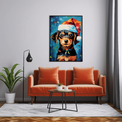 Painting of a cute puppy wearing a Christmas hat - Art Print