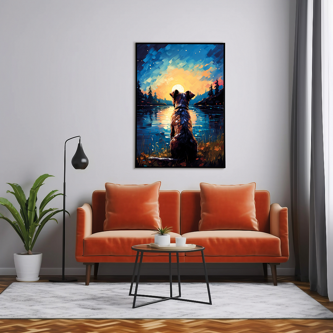 Dog looking at the sun set Van Gogh style - Art Print