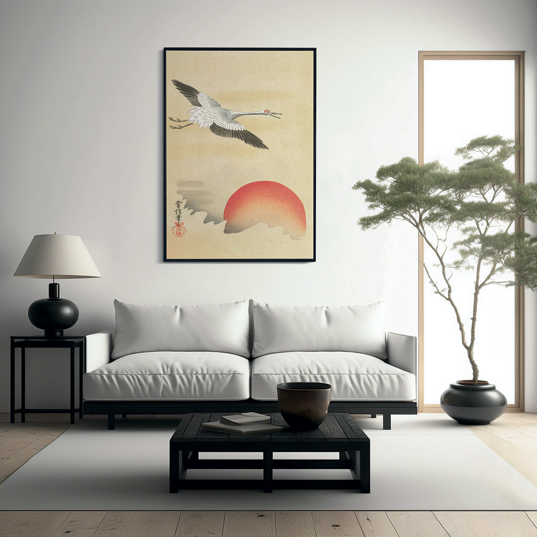 Crane flying at red moon By Kano Tsunenobu - Art Print