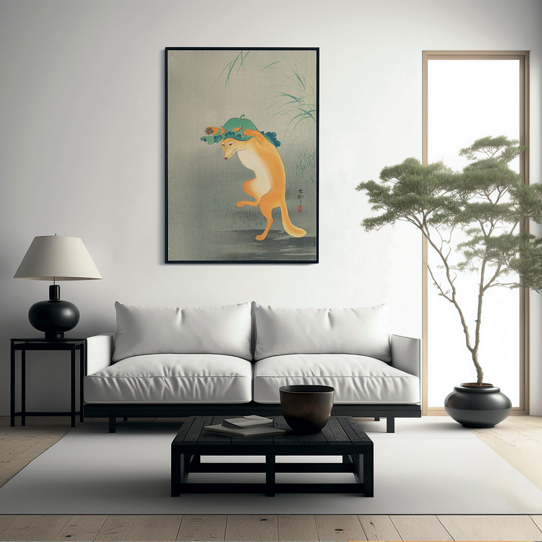 Dancing Fox with Lotus-leaf Hat By Ohara Koson - Art Print