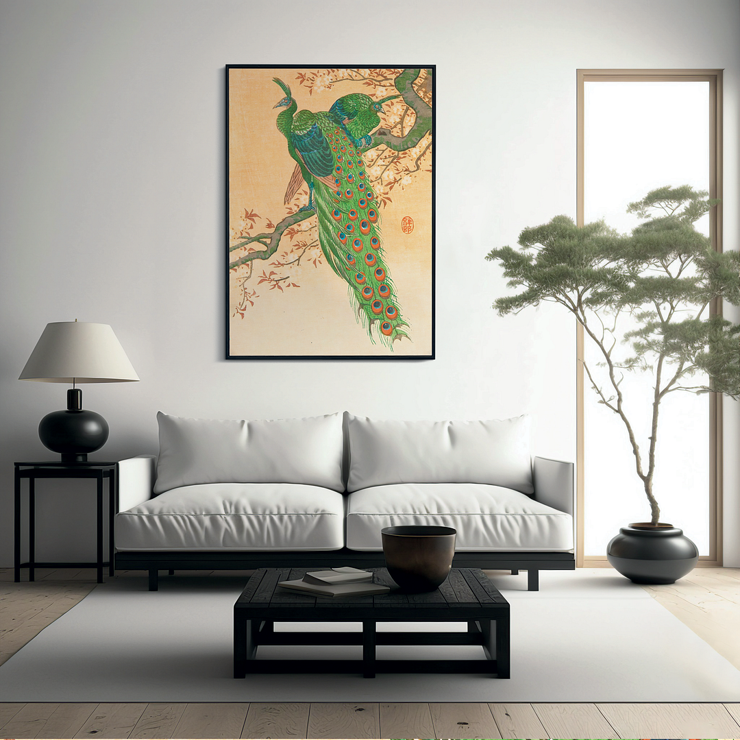 Peacock and Peahen on Branch By Ohara Koson - Art Print