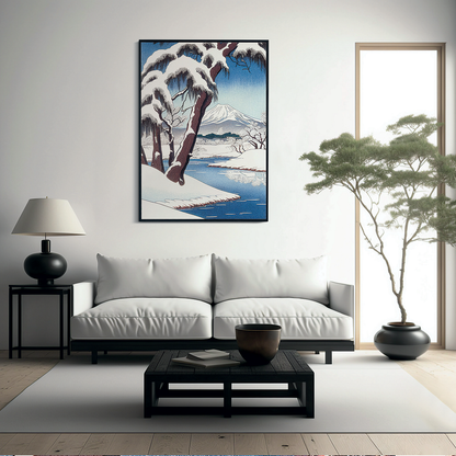 A Snowy Landscape with Mount Fuji - Art Print