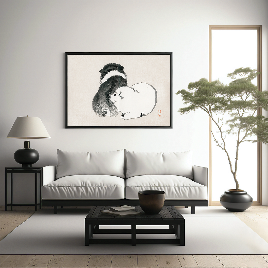 Black and white puppies by Kōno Bairei - Art Print