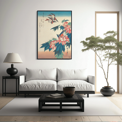 Swallows and Kingfisher with Rose Mallows by Utagawa Hiroshige - Art Print