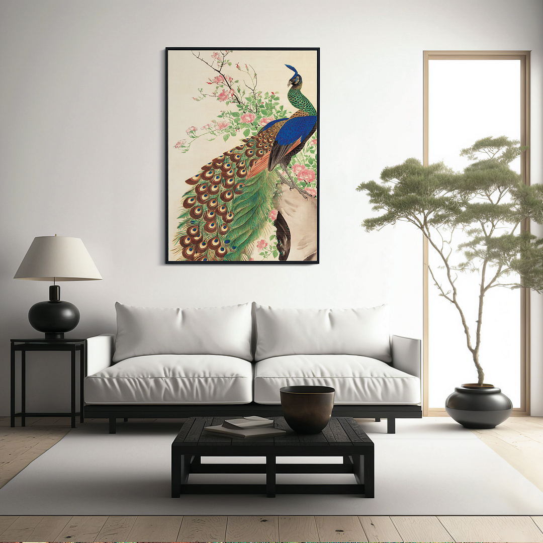 Peacock and flowers by Nagasawa Roshu - Art Print