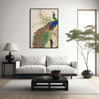 Peacock and flowers by Nagasawa Roshu - Art Print