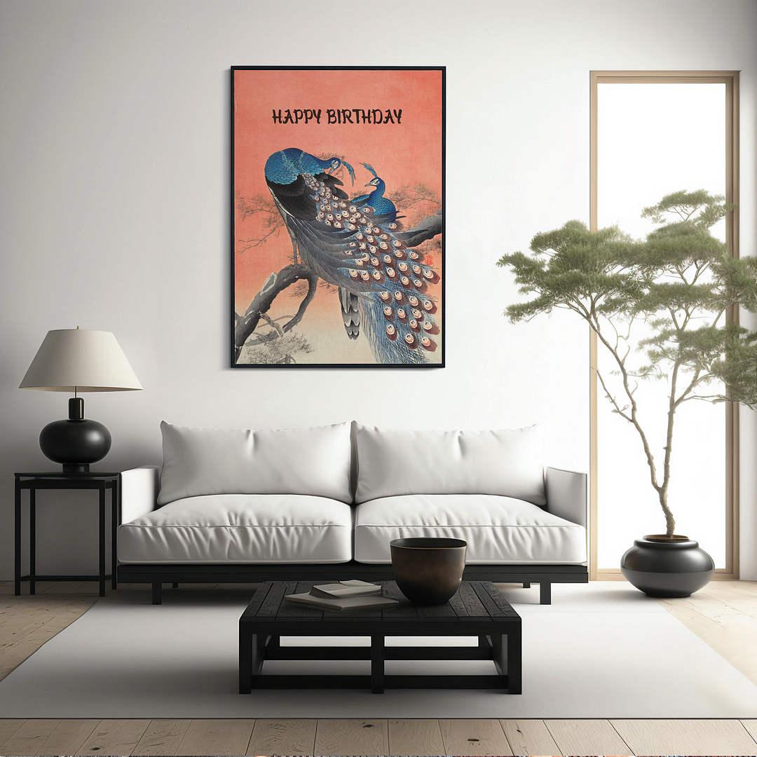 Two peacocks on tree branch (Happy Birthday) - Art Print