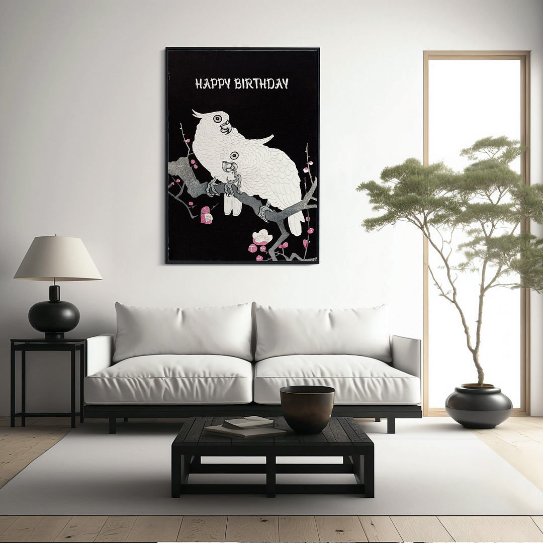 Two Cockatoos on a Branch with Plum Blossom (Happy Birthday) - Art Print