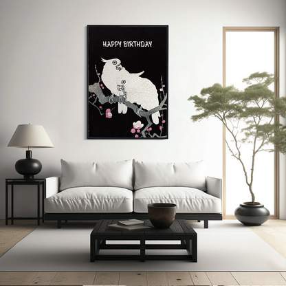 Two Cockatoos on a Branch with Plum Blossom (Happy Birthday) - Art Print