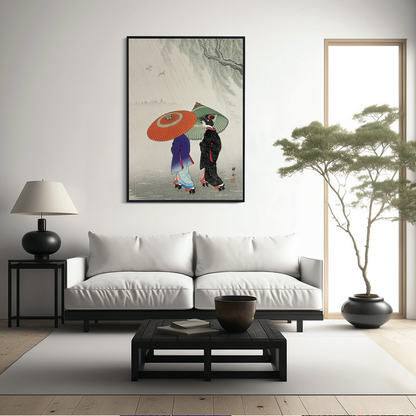 Two women in the rain by Ohara Koson - Art Print