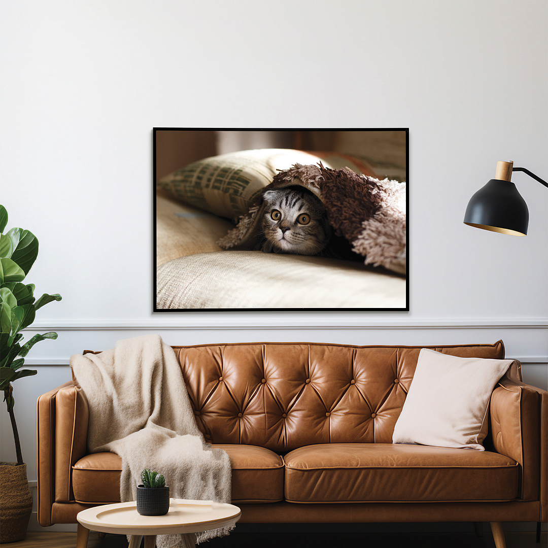 Cute cat hiding under blanket - Art Print