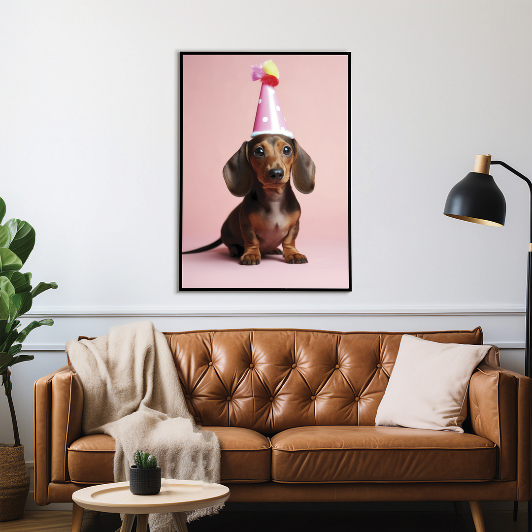 Dachshund puppy with a party hat - Art Print