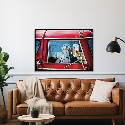 Dalmatian sitting in red car - Art Print