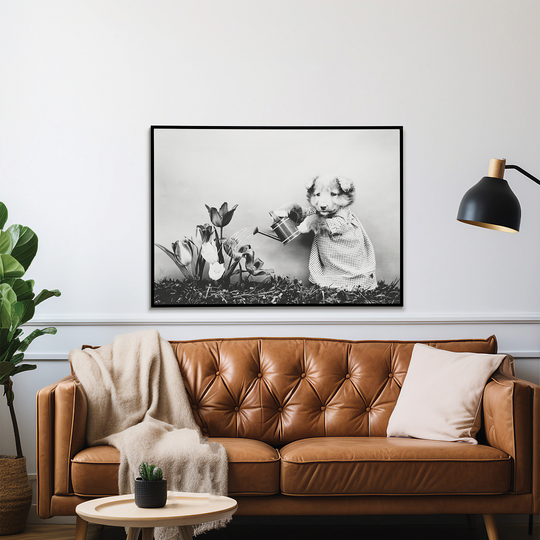 Dog watering plant - Art Print