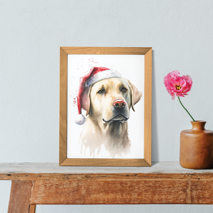 White labrador wearing a christmas hat - Art Print