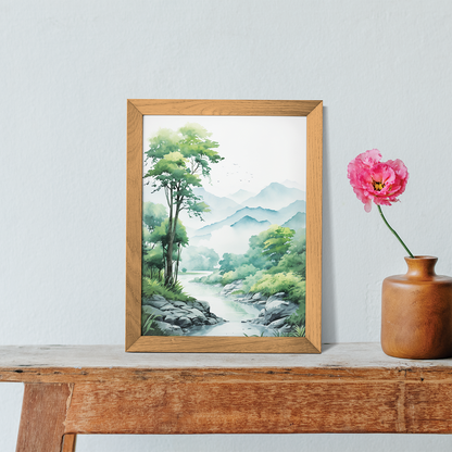 River, Trees, and Majestic Mountains - Art Print
