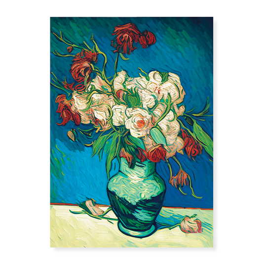 A vase of pink & red roses in Van Gogh style - Art Print