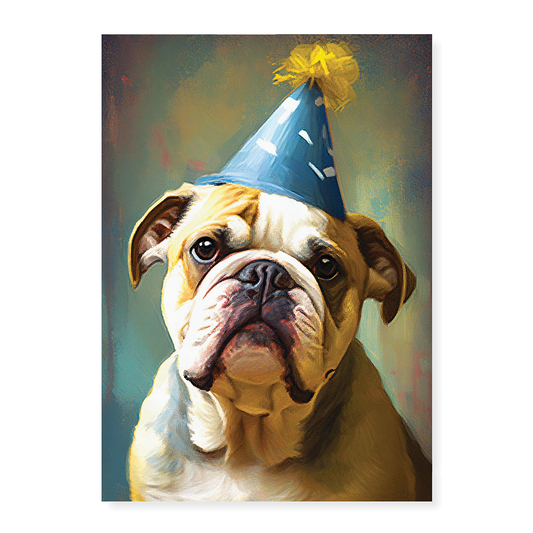 English bulldog with party hat on in Van Gogh style - Art Print
