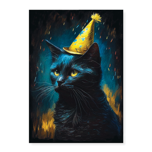 Black cat with party hat on in Van Gogh style - Art Print