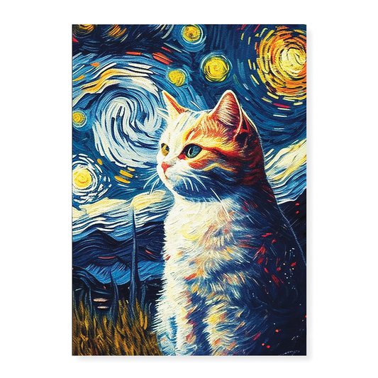 Cat in the Starry night in Van Gogh style - Art Print