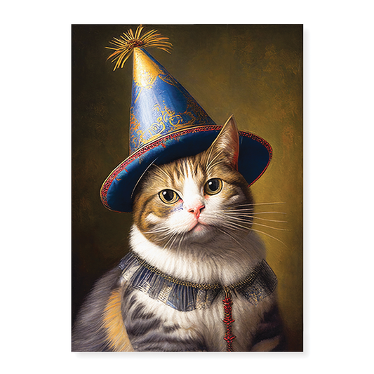 Renaissance portrait of a Cat with a blue party hat - Art Print