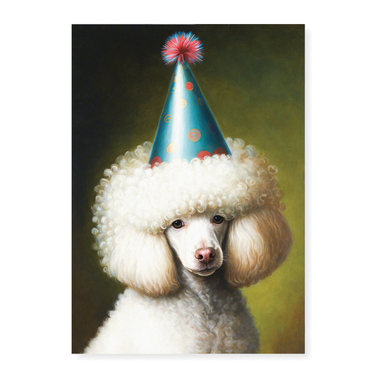 Renaissance painting of a White poodle with a party hat on - Art Print