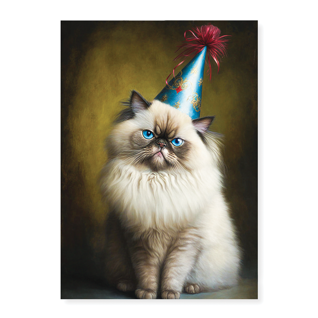 Renaissance painting of a Himalayan Cat Breed with a party hat on - Art Print