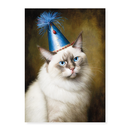 Renaissance painting of a Ragdoll Cat Breed with a party hat on - Art Print