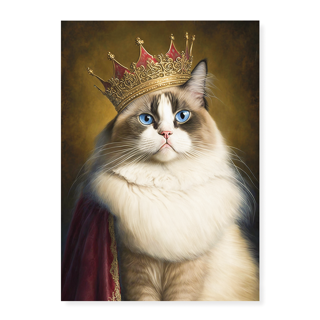 Renaissance painting of a Ragdoll Cat Breed with a queen crown on - Art Print