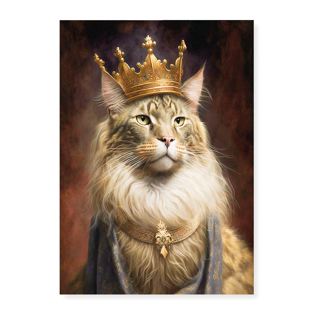 Renaissance painting of a Maine Coon with a king's crown  - Art Print