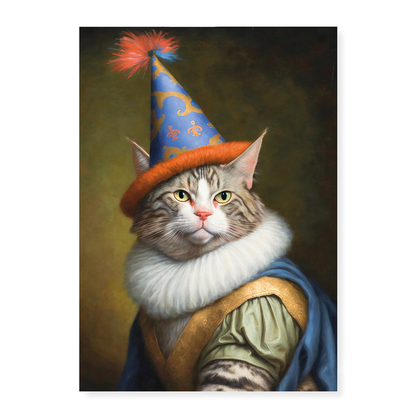 Renaissance painting of a Maine Coon with a party hat on - Art Print